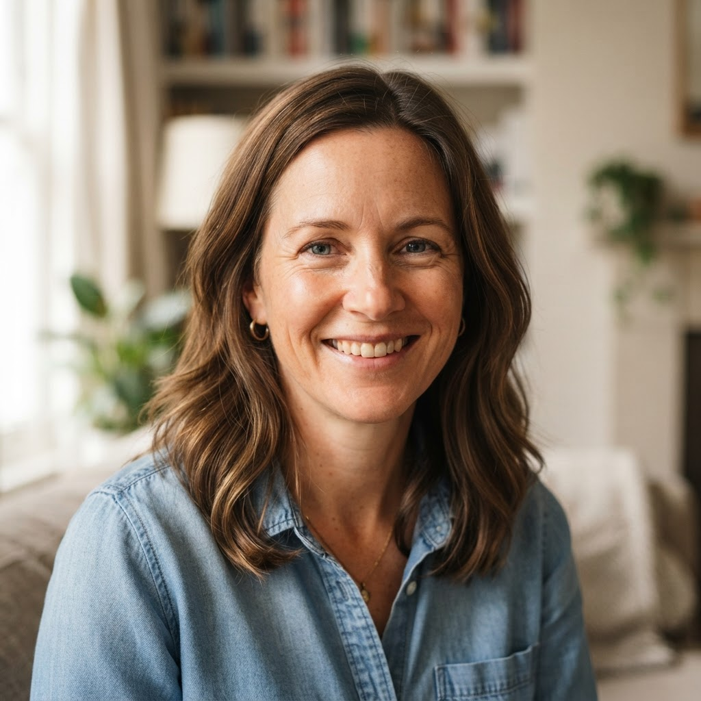 Smiling mom with shoulder-length brown hair in a denim shirt