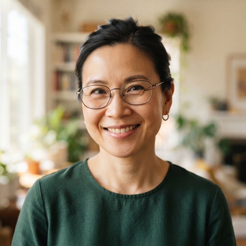 Smiling mom with dark hair pulled back and glasses in a green blouse