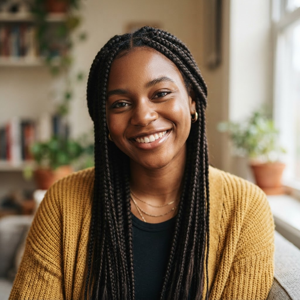 Smiling young woman with braided hair in a mustard cardigan